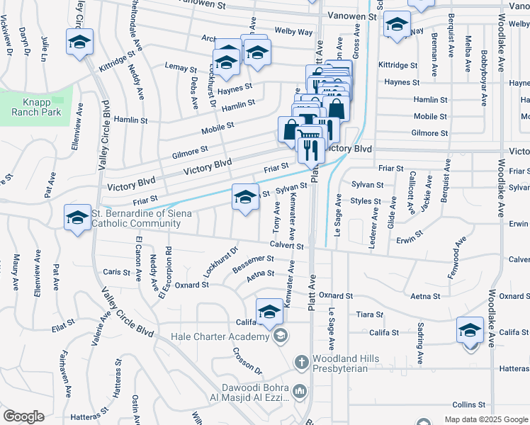 map of restaurants, bars, coffee shops, grocery stores, and more near 6200 Peterson Avenue in Los Angeles