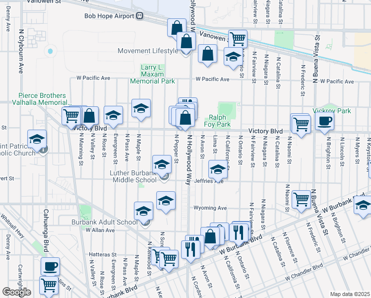 map of restaurants, bars, coffee shops, grocery stores, and more near 1915 North Hollywood Way in Burbank