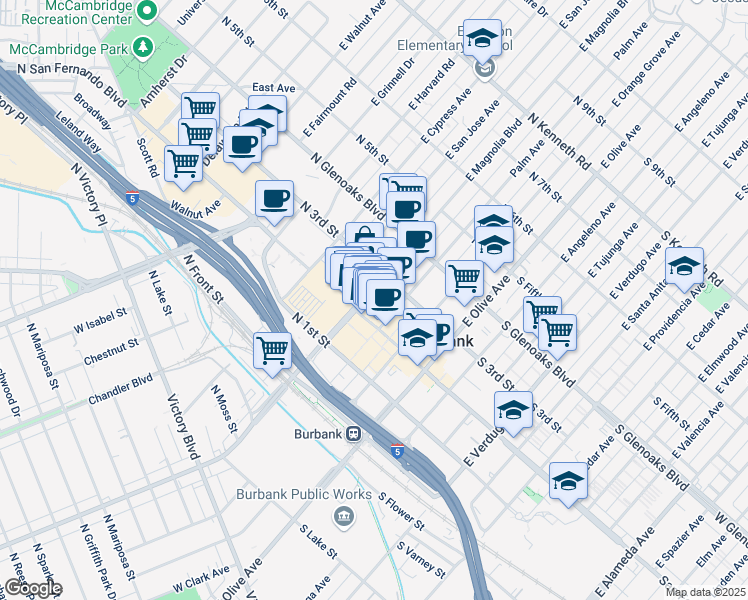 map of restaurants, bars, coffee shops, grocery stores, and more near 260 East Magnolia Boulevard in Burbank
