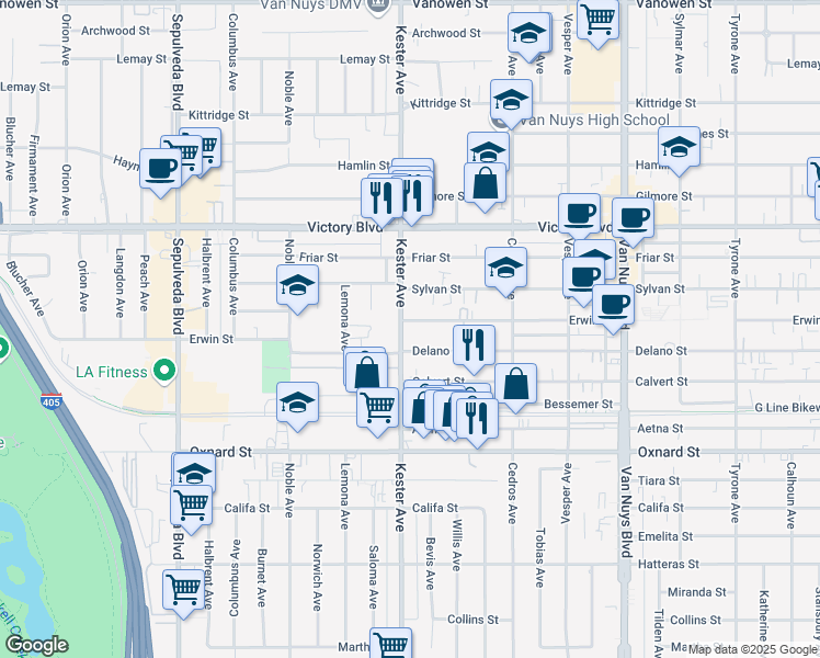 map of restaurants, bars, coffee shops, grocery stores, and more near 6222 Kester Avenue in Los Angeles