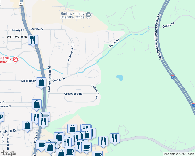 map of restaurants, bars, coffee shops, grocery stores, and more near 36 White Oak Drive Southeast in Cartersville