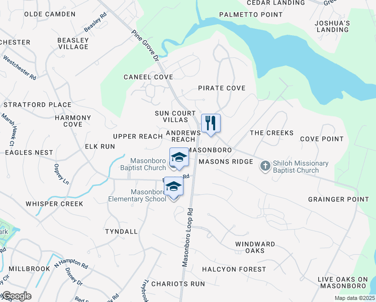 map of restaurants, bars, coffee shops, grocery stores, and more near 3400 Masonboro Loop Road in Wilmington