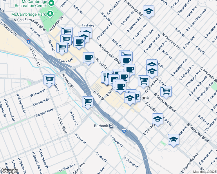 map of restaurants, bars, coffee shops, grocery stores, and more near 201 East Magnolia Boulevard in Burbank