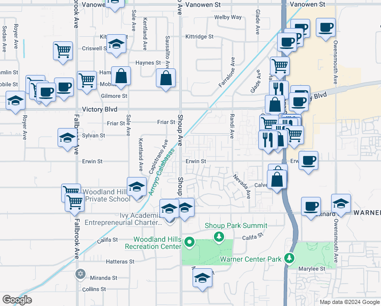 map of restaurants, bars, coffee shops, grocery stores, and more near Nita Avenue in Los Angeles