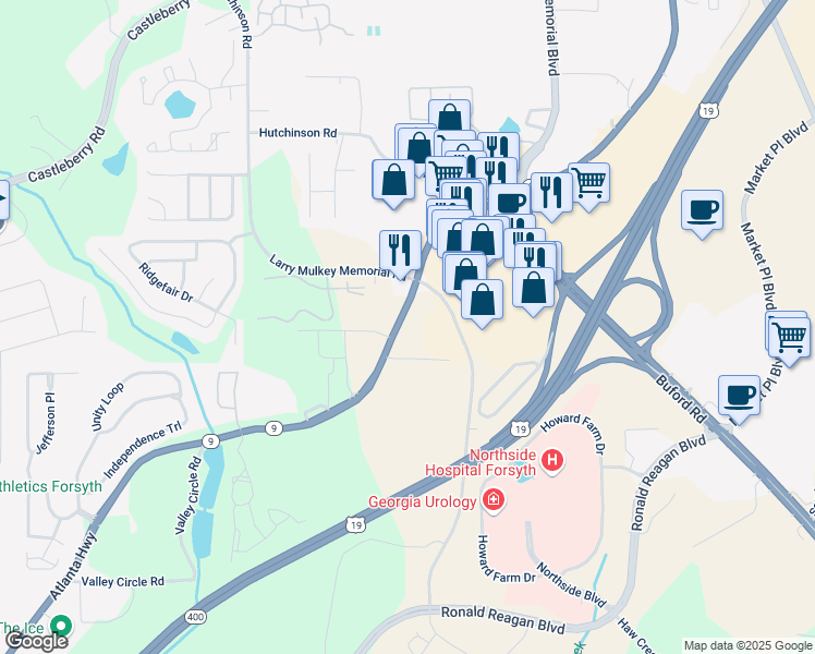 map of restaurants, bars, coffee shops, grocery stores, and more near 734 Atlanta Highway in Cumming
