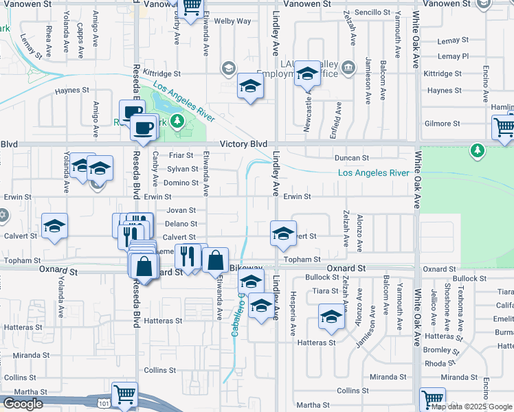 map of restaurants, bars, coffee shops, grocery stores, and more near 6256 Chimineas Ave in Los Angeles