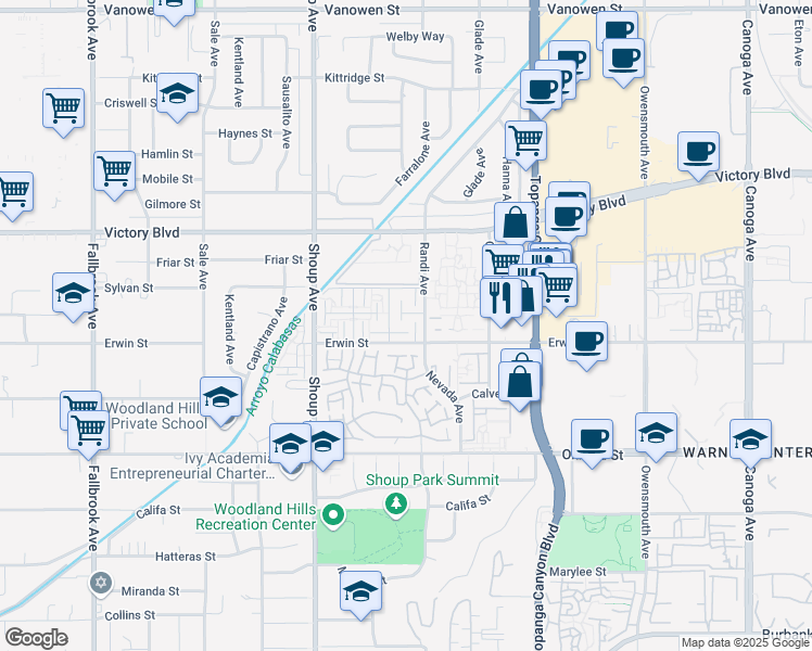 map of restaurants, bars, coffee shops, grocery stores, and more near 6213 Randi Avenue in Los Angeles