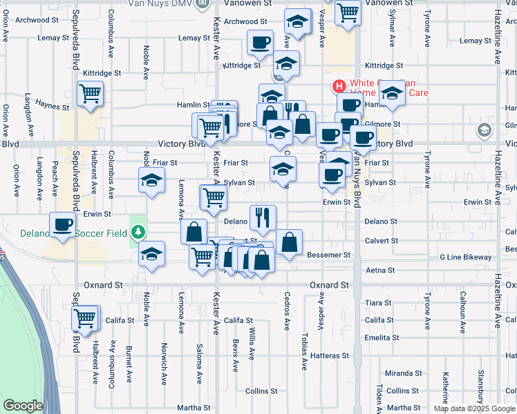 map of restaurants, bars, coffee shops, grocery stores, and more near 14752 Erwin Street in Los Angeles