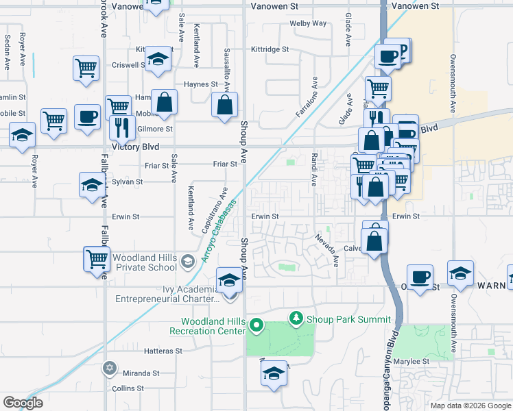 map of restaurants, bars, coffee shops, grocery stores, and more near 6224 1/2 Shoup Avenue in Los Angeles