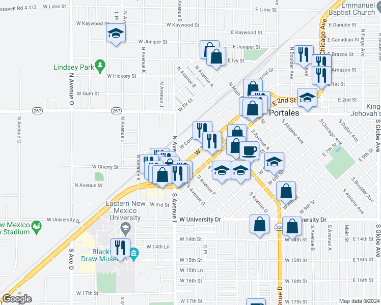 map of restaurants, bars, coffee shops, grocery stores, and more near 600 West 1st Street in Portales
