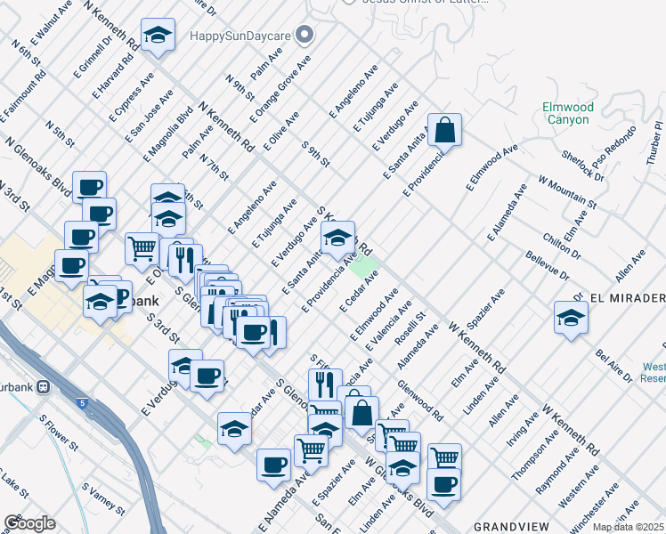 map of restaurants, bars, coffee shops, grocery stores, and more near 711 East Providencia Avenue in Burbank