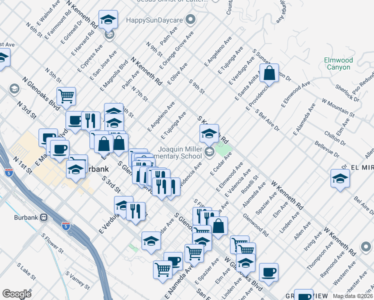 map of restaurants, bars, coffee shops, grocery stores, and more near 637 East Santa Anita Avenue in Burbank