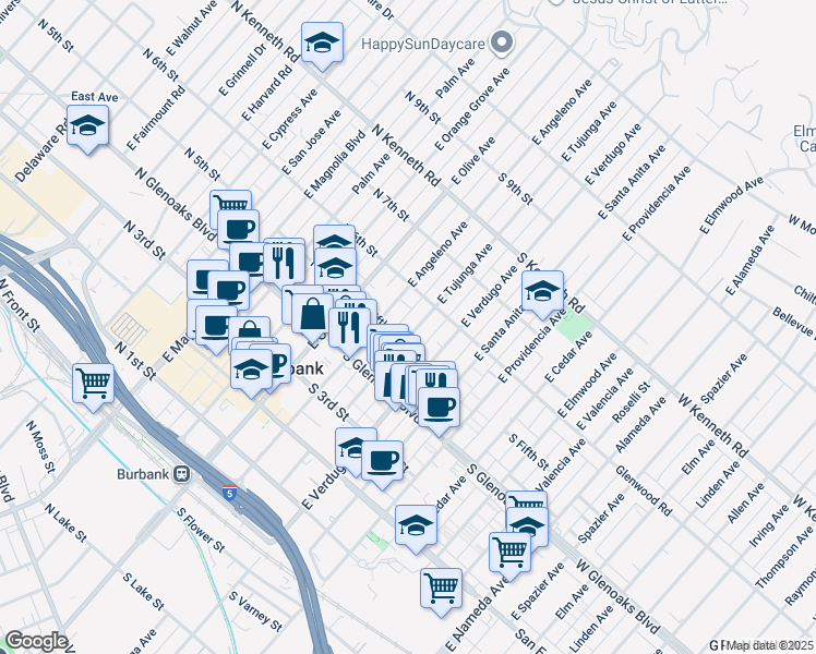 map of restaurants, bars, coffee shops, grocery stores, and more near 218 South Fifth Street in Burbank
