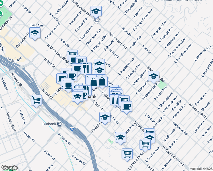 map of restaurants, bars, coffee shops, grocery stores, and more near 455 East Angeleno Avenue in Burbank