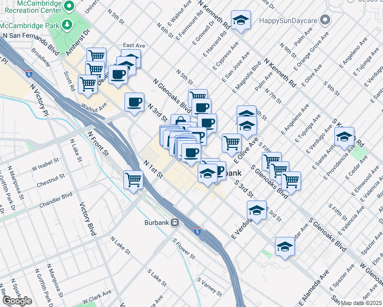 map of restaurants, bars, coffee shops, grocery stores, and more near 260 East Magnolia Boulevard in Burbank