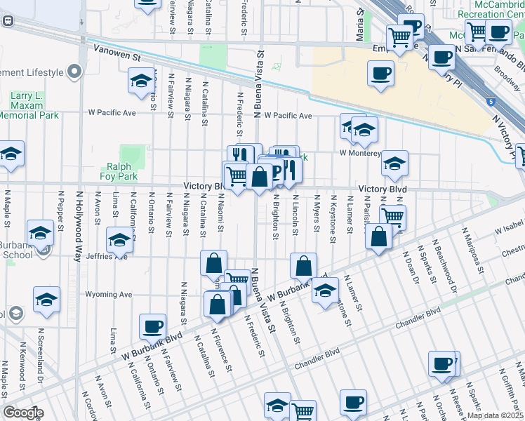map of restaurants, bars, coffee shops, grocery stores, and more near 1520 North Buena Vista Street in Burbank