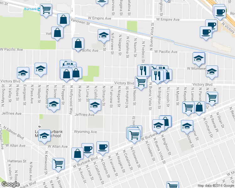 map of restaurants, bars, coffee shops, grocery stores, and more near 1616 North Niagara Street in Burbank