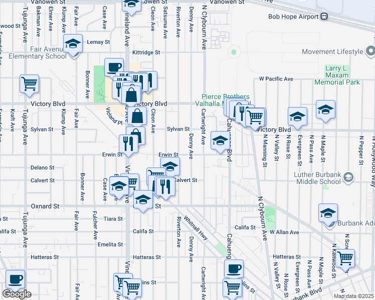 map of restaurants, bars, coffee shops, grocery stores, and more near 6217 Denny Avenue in Los Angeles