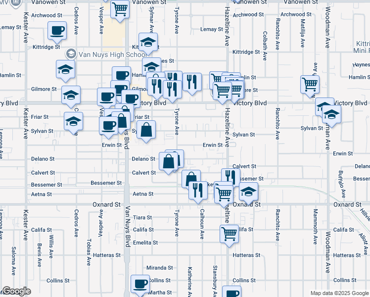 map of restaurants, bars, coffee shops, grocery stores, and more near 14224 Erwin Street in Los Angeles