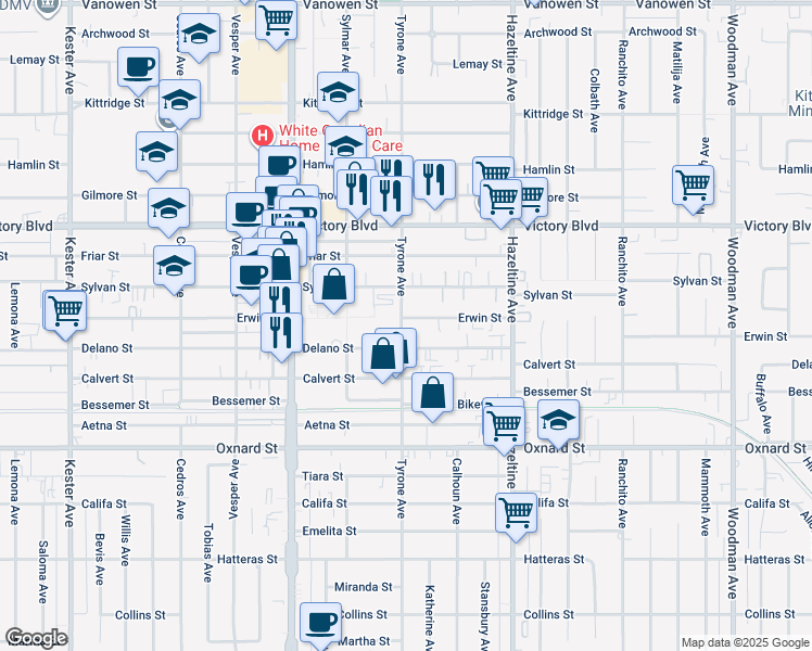 map of restaurants, bars, coffee shops, grocery stores, and more near 6240 Sylmar Avenue in Los Angeles