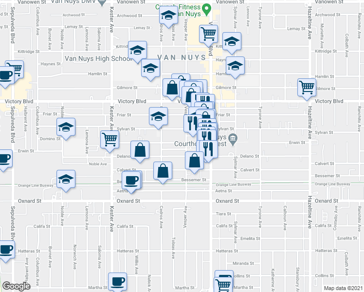 map of restaurants, bars, coffee shops, grocery stores, and more near 14632 Erwin Street in Los Angeles