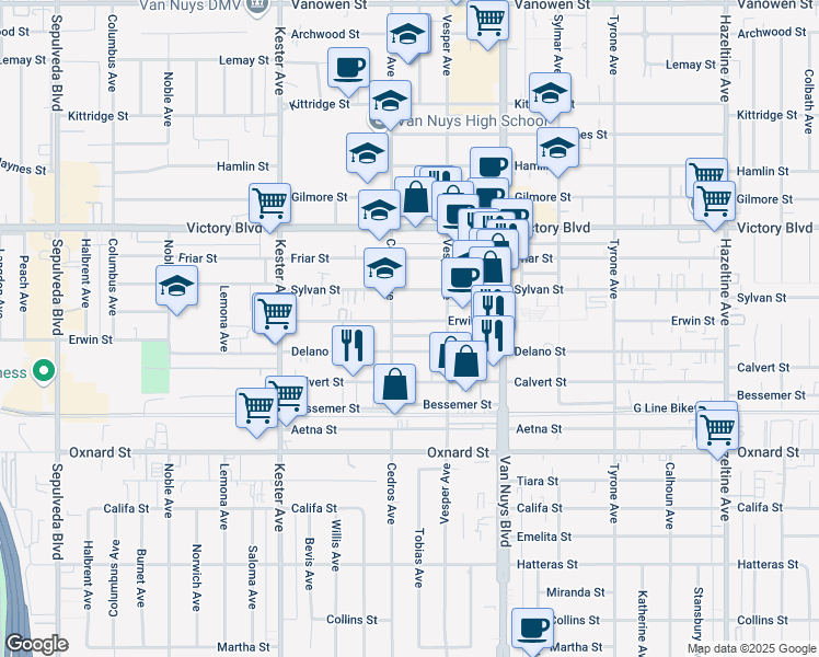 map of restaurants, bars, coffee shops, grocery stores, and more near 14632 Erwin Street in Los Angeles