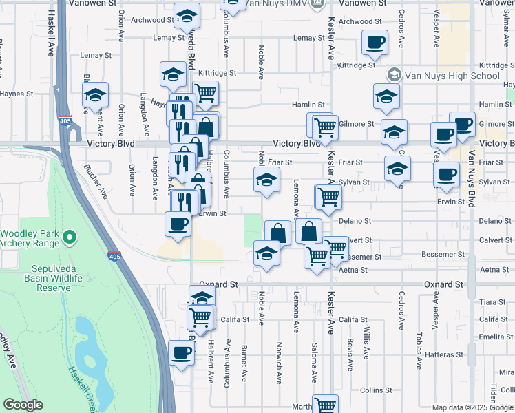map of restaurants, bars, coffee shops, grocery stores, and more near 15112 Domino Street in Los Angeles