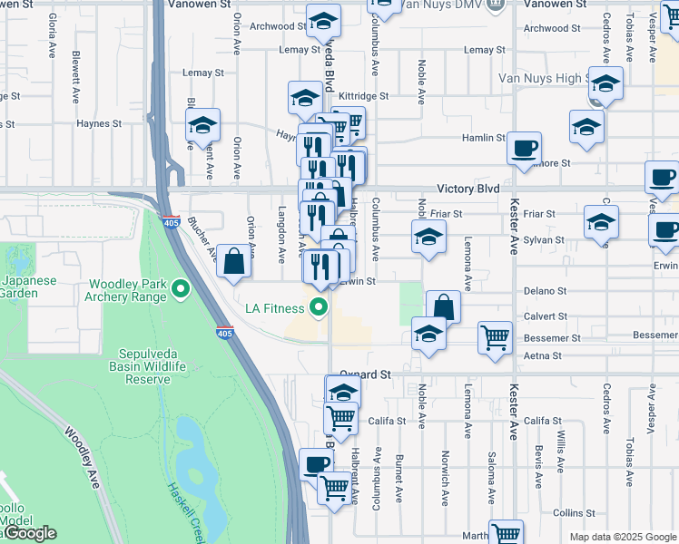 map of restaurants, bars, coffee shops, grocery stores, and more near 6206 Sepulveda Boulevard in Los Angeles