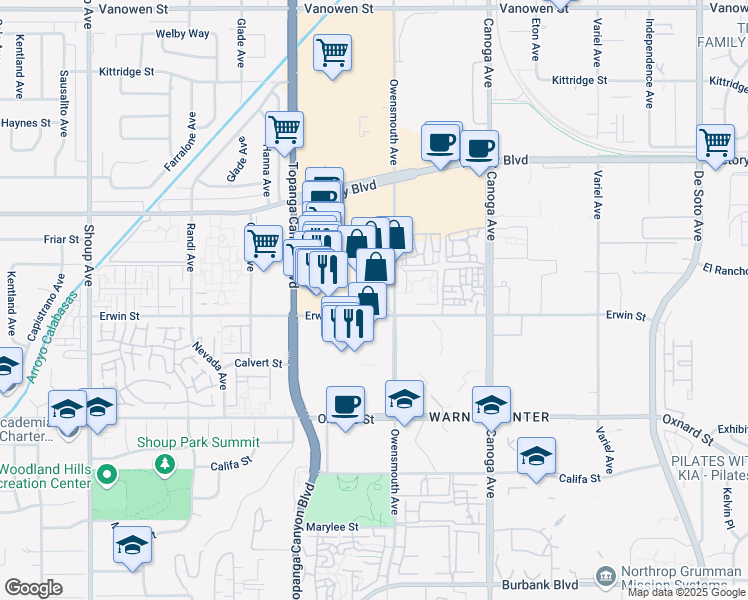 map of restaurants, bars, coffee shops, grocery stores, and more near 21701 Erwin Street in Los Angeles