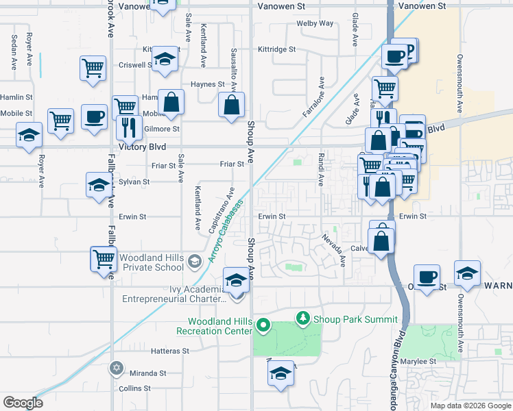 map of restaurants, bars, coffee shops, grocery stores, and more near 6216 Shoup Avenue in Los Angeles