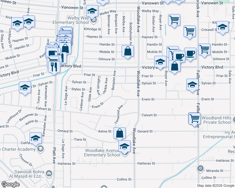 map of restaurants, bars, coffee shops, grocery stores, and more near 6212 Berquist Avenue in Los Angeles