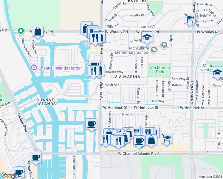 map of restaurants, bars, coffee shops, grocery stores, and more near 3650 Ketch Avenue in Oxnard