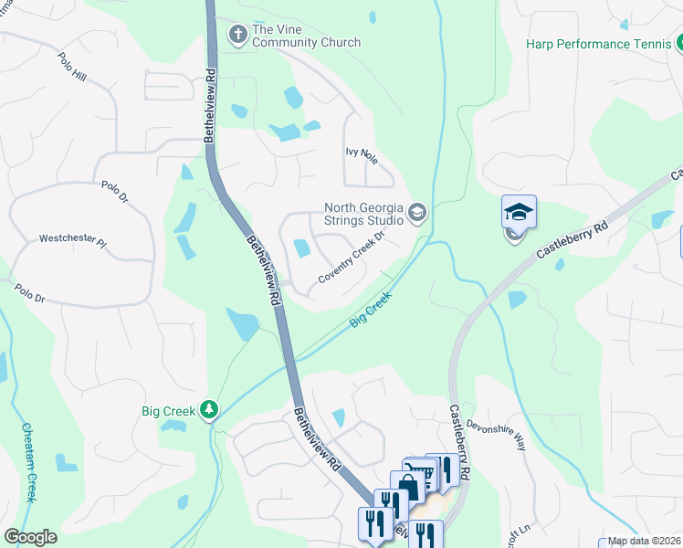 map of restaurants, bars, coffee shops, grocery stores, and more near 5120 Coventry Creek Drive in Cumming
