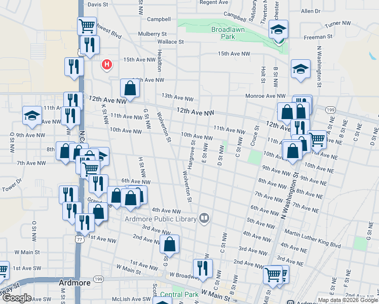 map of restaurants, bars, coffee shops, grocery stores, and more near 819 Hargrove Street in Ardmore