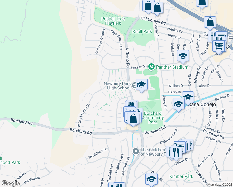 map of restaurants, bars, coffee shops, grocery stores, and more near 447 Anacapa Circle in Thousand Oaks