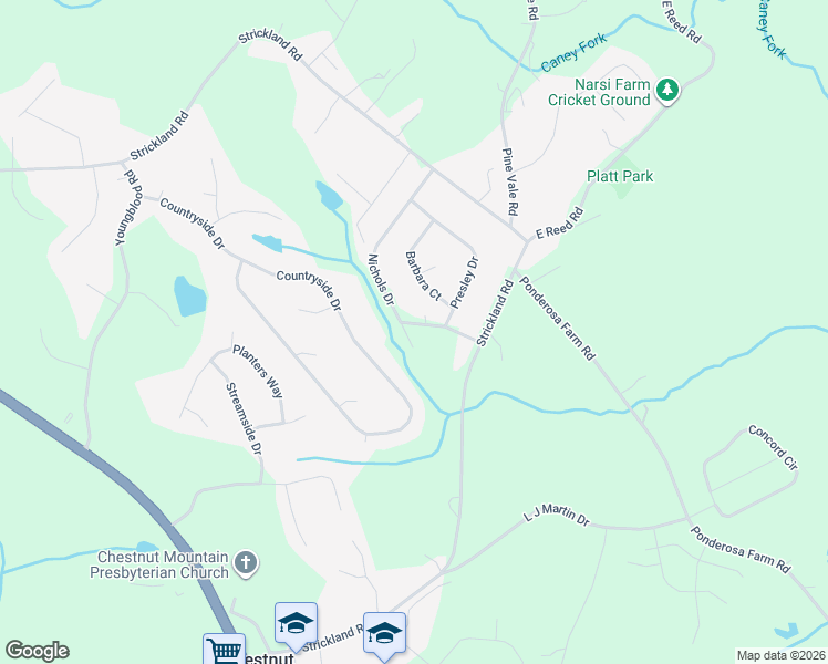 map of restaurants, bars, coffee shops, grocery stores, and more near 5100 Nichols Drive in Flowery Branch