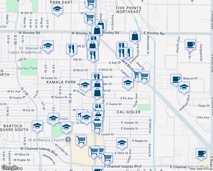 map of restaurants, bars, coffee shops, grocery stores, and more near 206 East Date Street in Oxnard