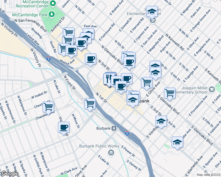 map of restaurants, bars, coffee shops, grocery stores, and more near 201 East Magnolia Boulevard in Burbank