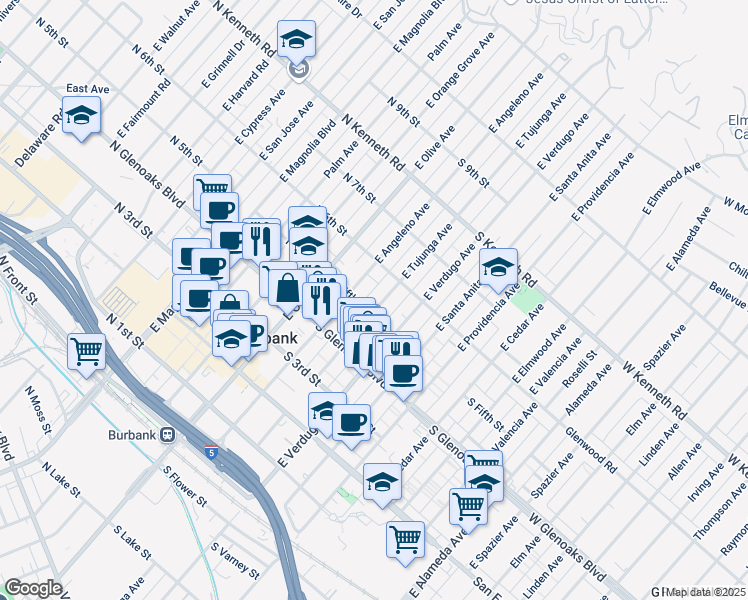 map of restaurants, bars, coffee shops, grocery stores, and more near 218 South Fifth Street in Burbank