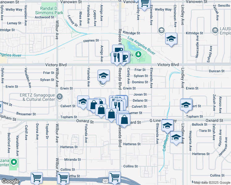 map of restaurants, bars, coffee shops, grocery stores, and more near 6230 Reseda Boulevard in Los Angeles