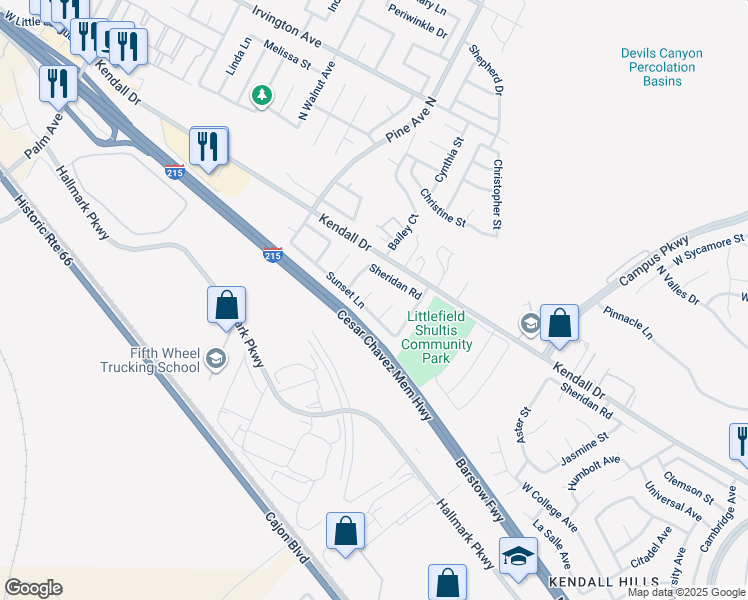 map of restaurants, bars, coffee shops, grocery stores, and more near 5643 Darleese Court in San Bernardino