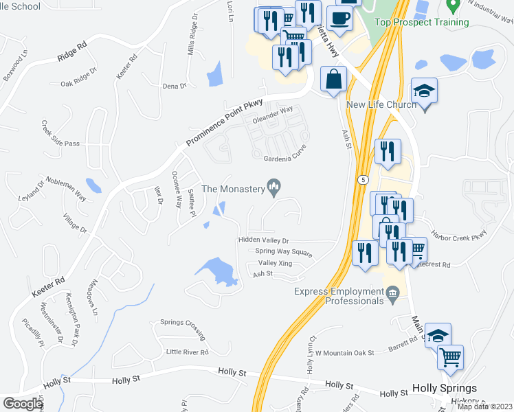 map of restaurants, bars, coffee shops, grocery stores, and more near 126 Hidden Creek Drive in Canton