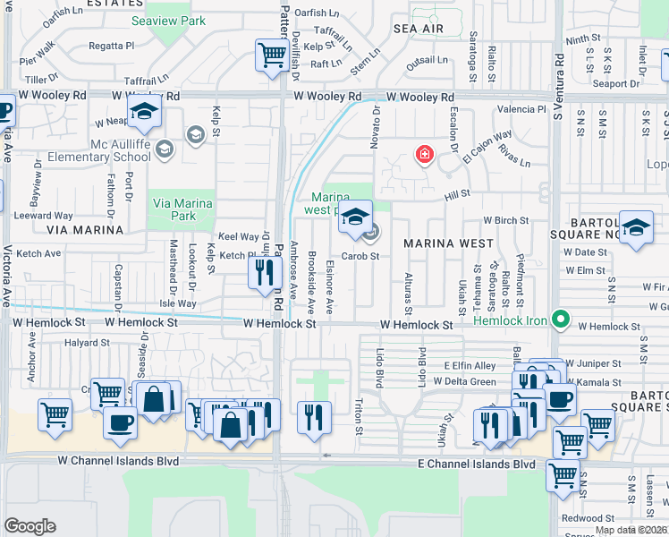 map of restaurants, bars, coffee shops, grocery stores, and more near 1700 Elsinore Avenue in Oxnard