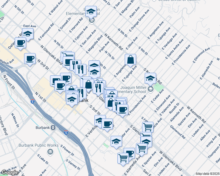 map of restaurants, bars, coffee shops, grocery stores, and more near 218 South Fifth Street in Burbank