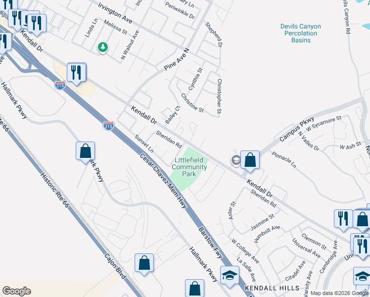 map of restaurants, bars, coffee shops, grocery stores, and more near 2601 Bailey Court in San Bernardino
