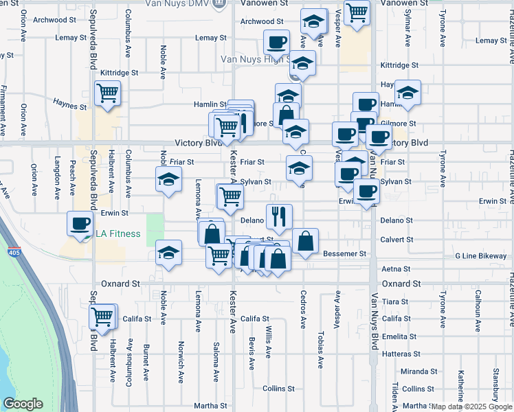 map of restaurants, bars, coffee shops, grocery stores, and more near 14828 Erwin Street in Los Angeles