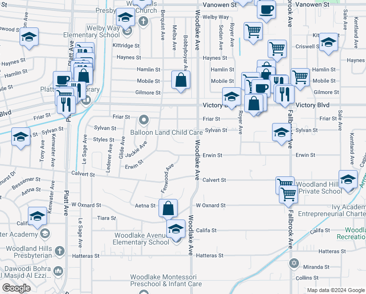 map of restaurants, bars, coffee shops, grocery stores, and more near 6207 Melba Avenue in Los Angeles