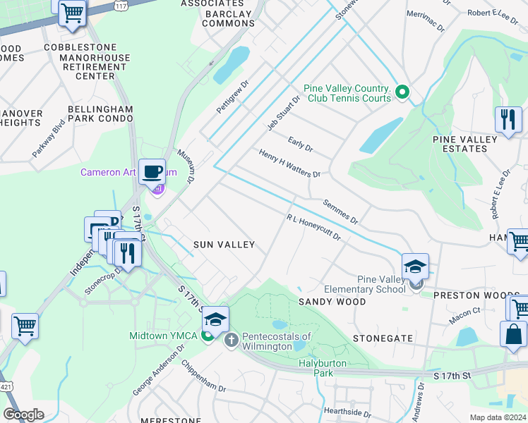 map of restaurants, bars, coffee shops, grocery stores, and more near 334 R L Honeycutt Drive in Wilmington
