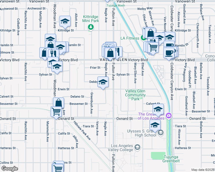 map of restaurants, bars, coffee shops, grocery stores, and more near 13323 Erwin Street in Los Angeles