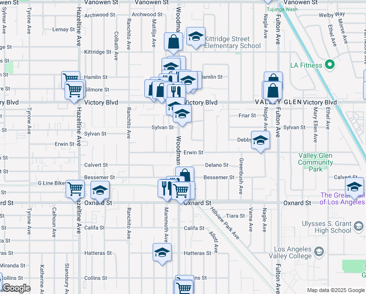 map of restaurants, bars, coffee shops, grocery stores, and more near 6210 Woodman Avenue in Los Angeles